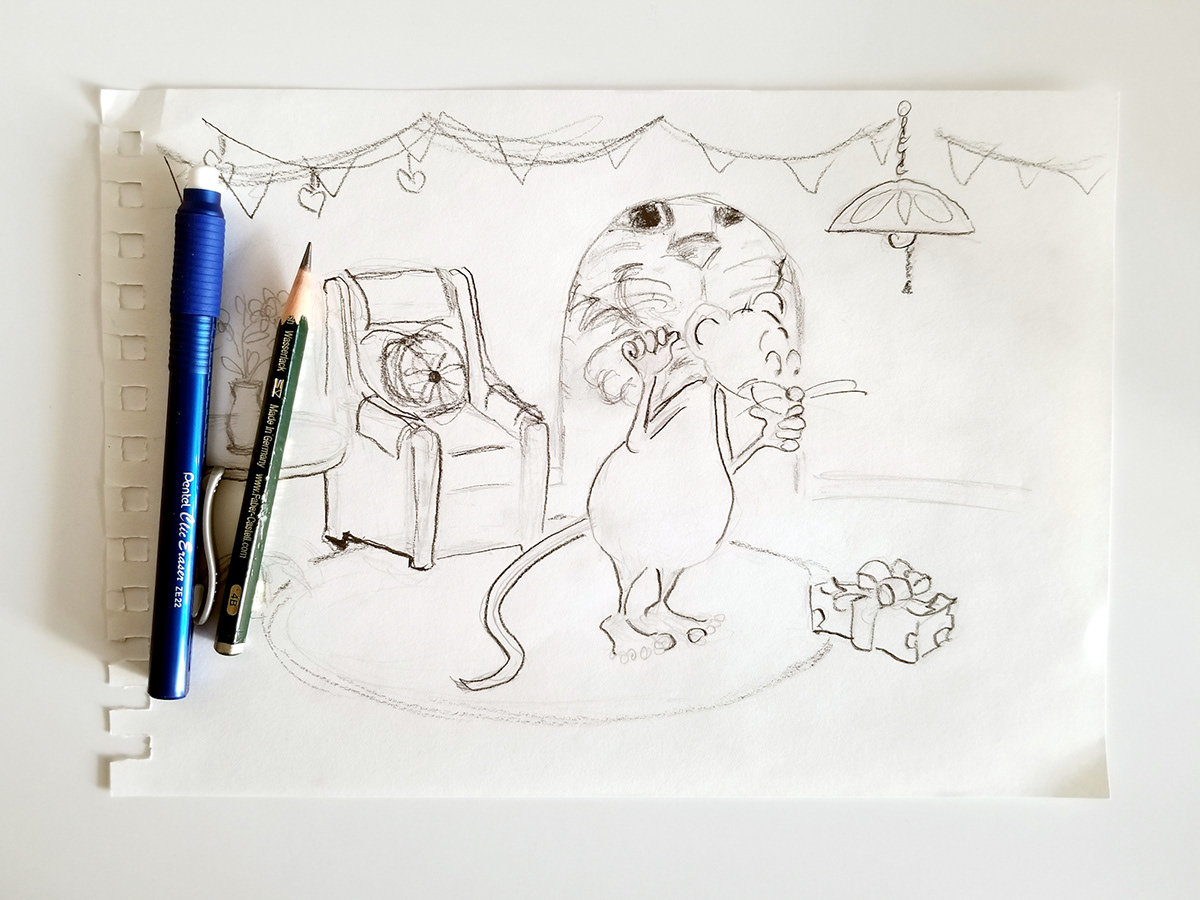 Here is the rough pencil sketch for my humorous Secret Admirer illustration.