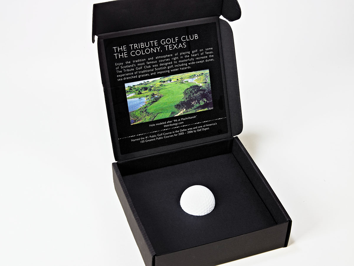 golf ball Invitation golf tournament dimensional mailer golf events box corrugated Custom golf invitations i dream solutions sales kit promotional packaging made in USA brady miller 