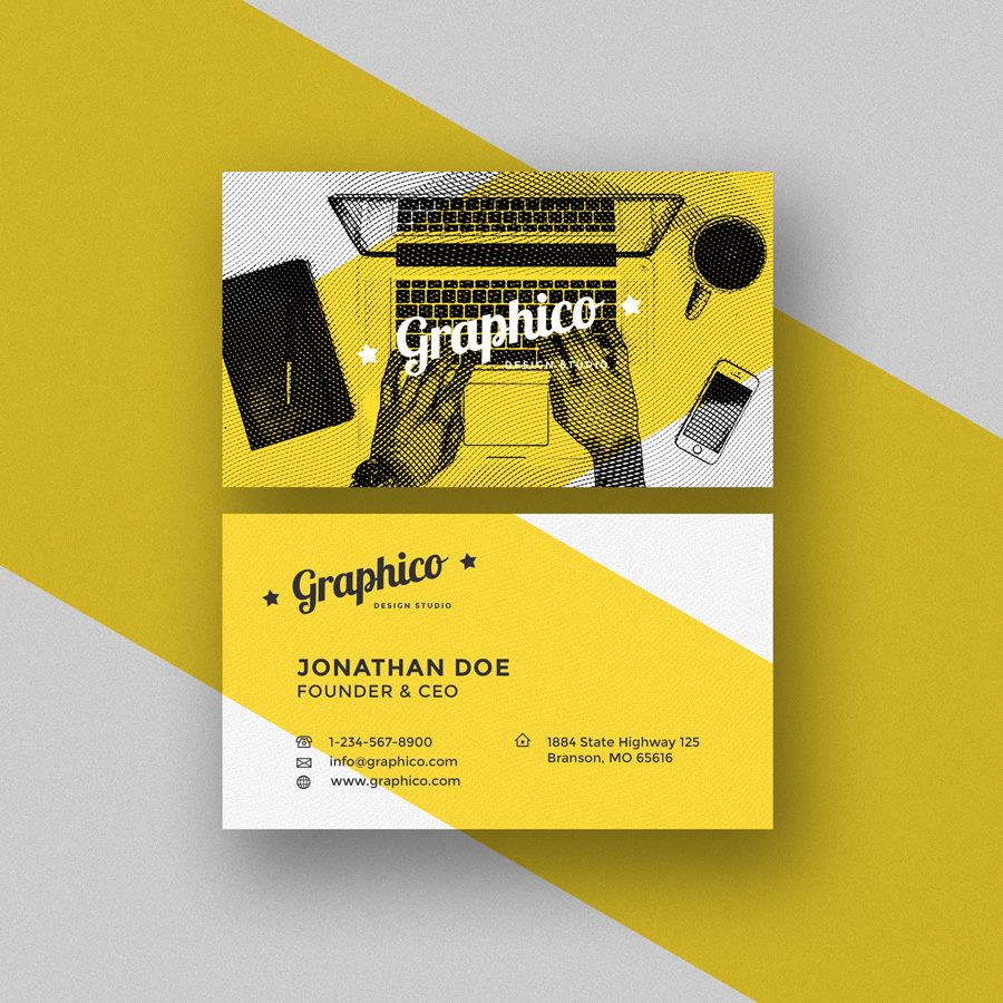 business card corporate design print psd simple template minimalist Hipster contact yellow engraved draw creative