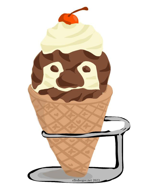 ice cream cone in the shape of a penguin with chocolate vanilla and cherry on top