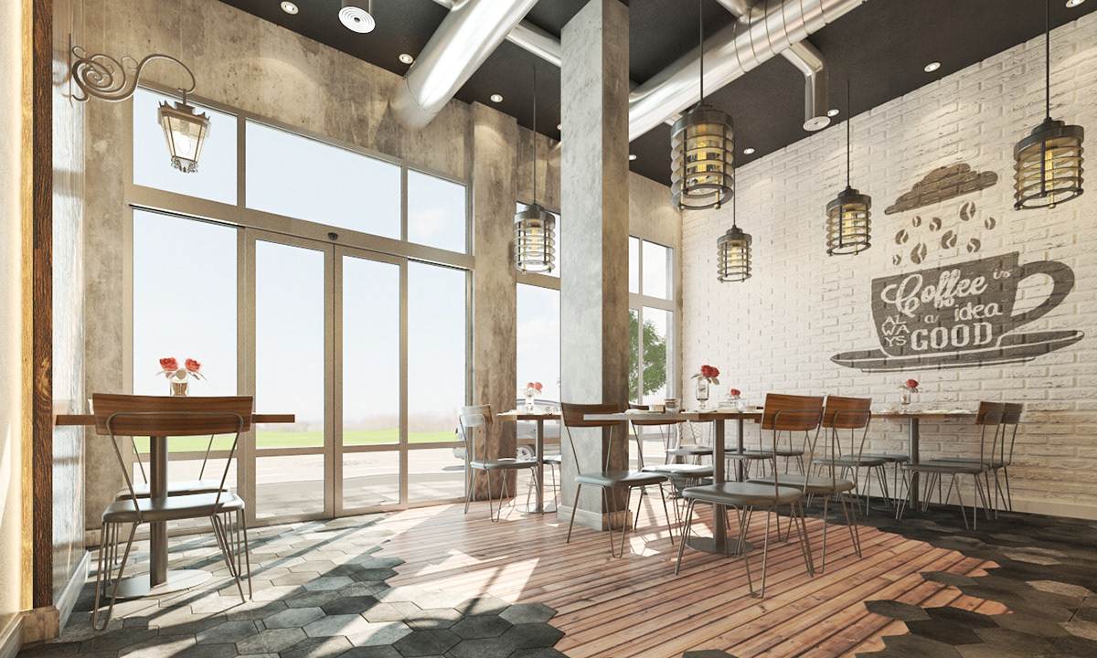 Interior restaurant modern brick stone exterior wood cement industrail cafe
