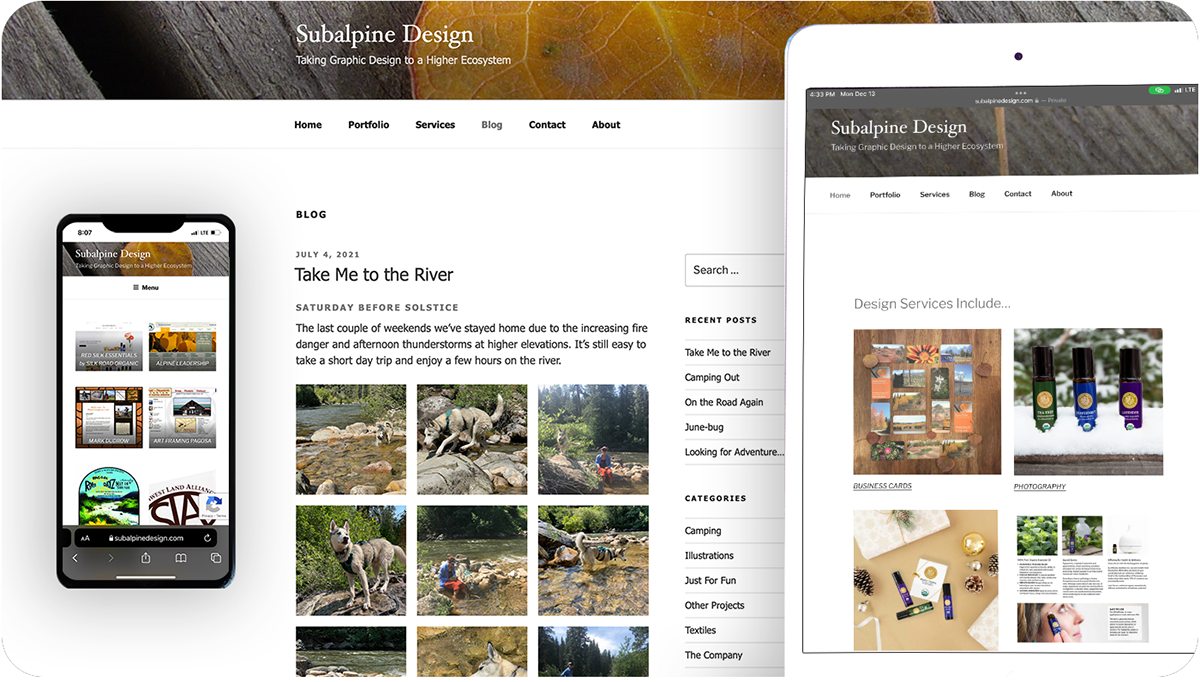 composite showing Subalpine Design's website with different pages showcased on mobile devices 
