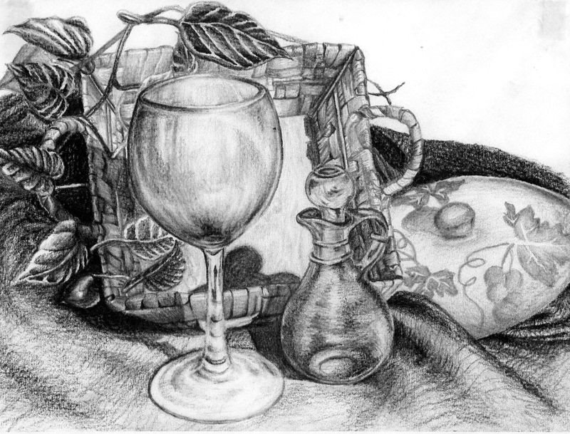 wine glass glass leaves basket vineyard still life life drawing Drawing  charcoal pencils charcoal bottle