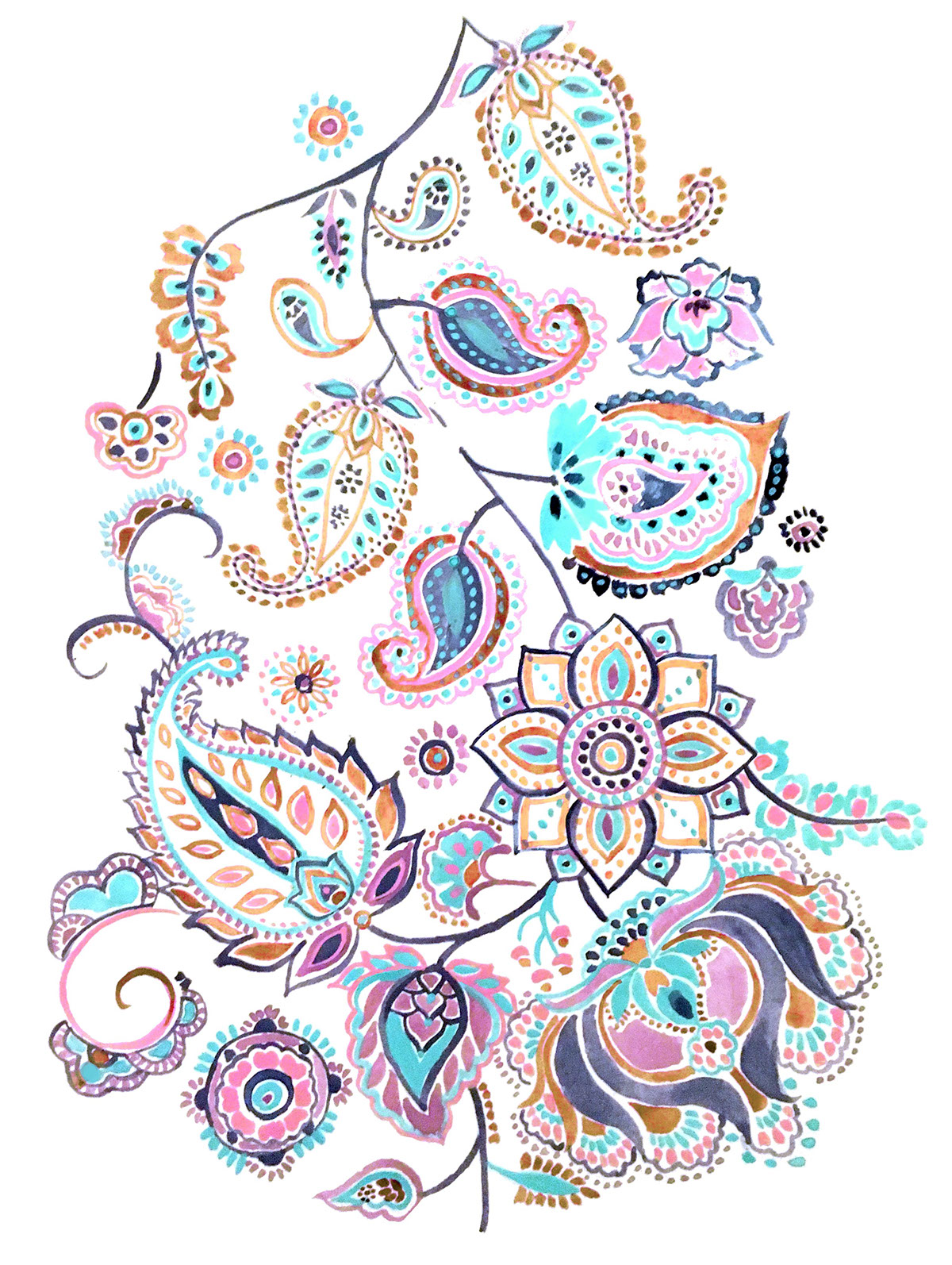 Textiles paint watercolor gouache sketchbook floral paisley fabric pattern print print studio folk