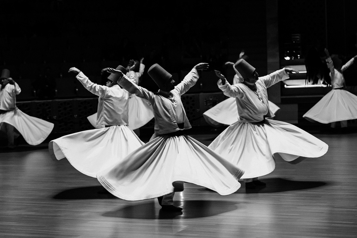 Dervish whirling Sema devotion black and white Turkey Konya sufi Sufism meditation