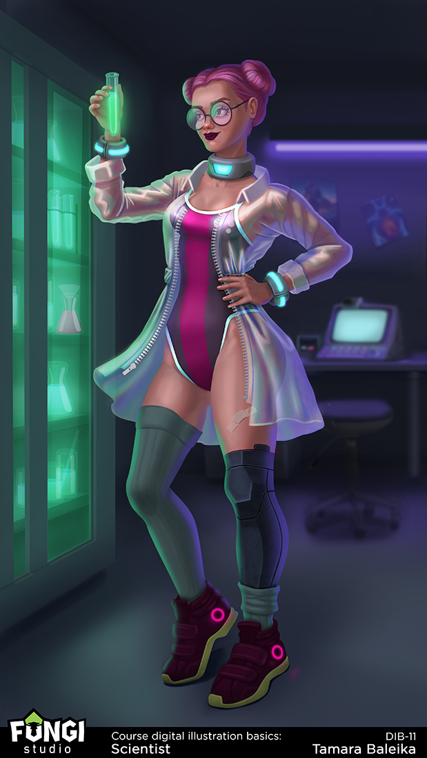 Cyber scientist freelancer girl in her laboratory.