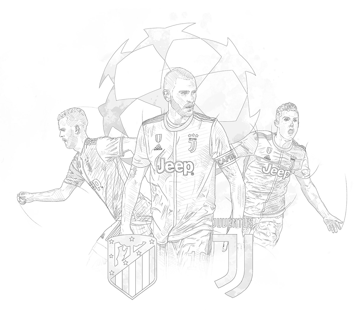 Process drawings, wip for Juventus illustrations. Ronaldo, pjanic, bonucci