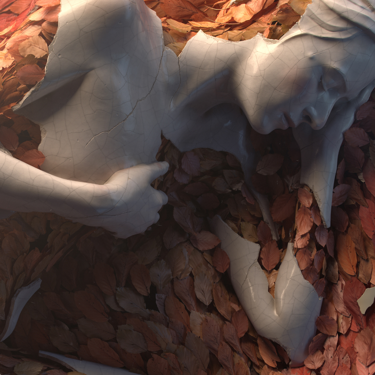 flower figures sculpture ceramic naked asleep shatter Fall leaves dry dead