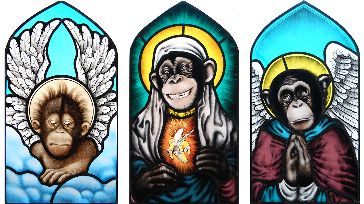 stained glass monkey saint angel wings modern stained glass arts and crafts craftman Halo orangutan
