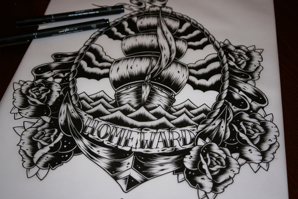 ship sailing ship anchor Roses tattoo rope