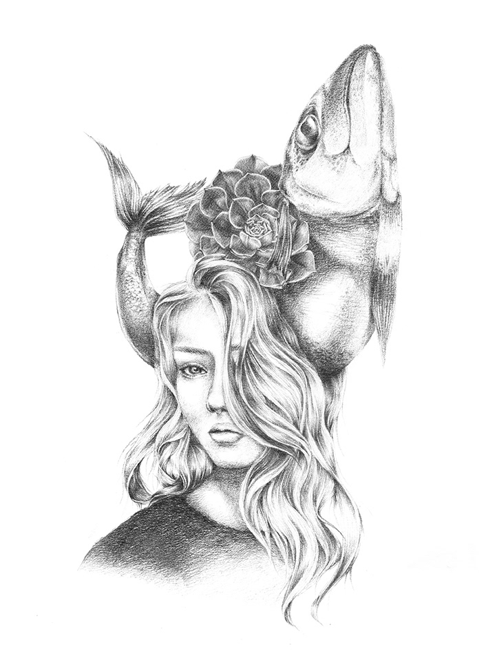 Metamorphosis fish realistic illustration portrait feminine girl