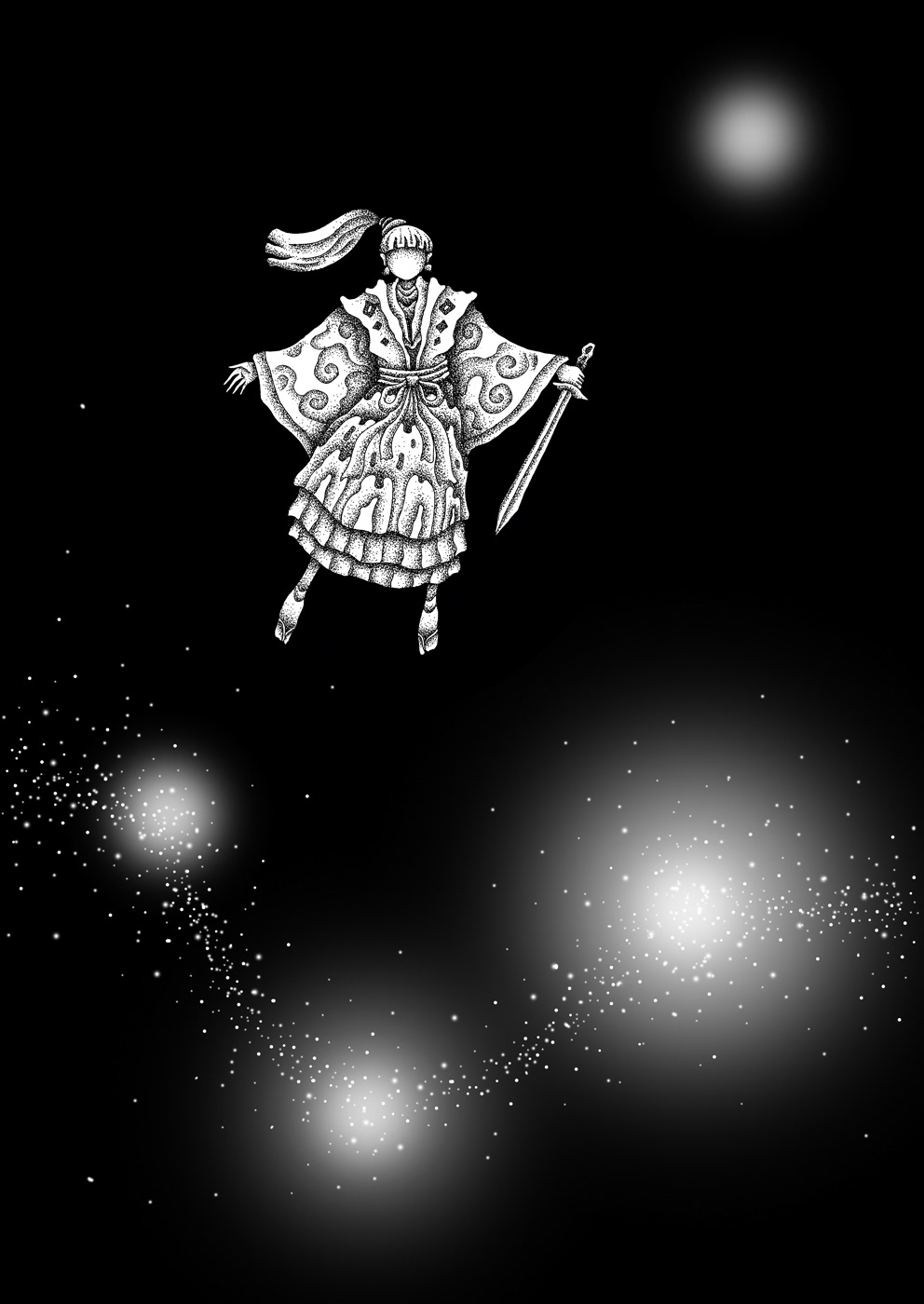 Boy swordsman who flies around in the pitch-black starry sky.