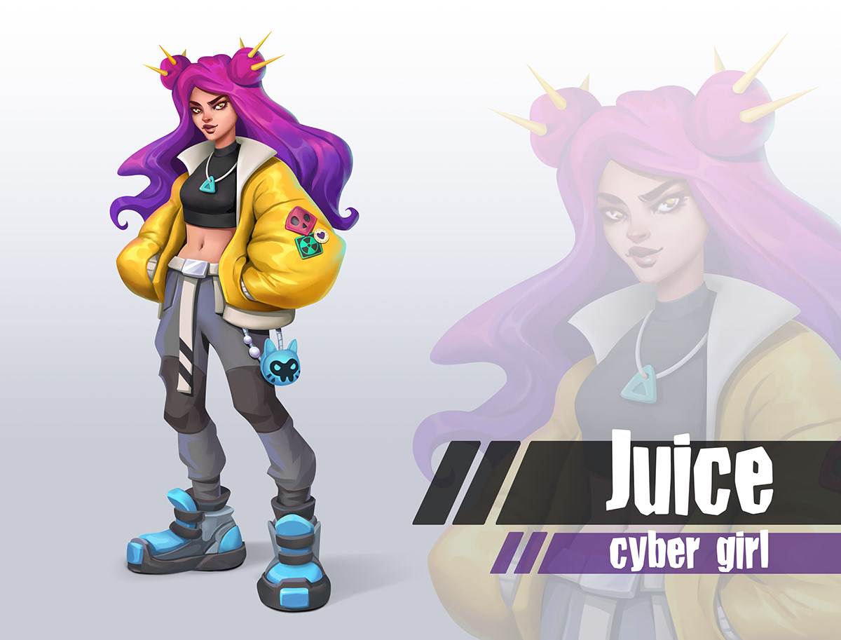 This is my first cyberpunk character design, her name is Juice.
