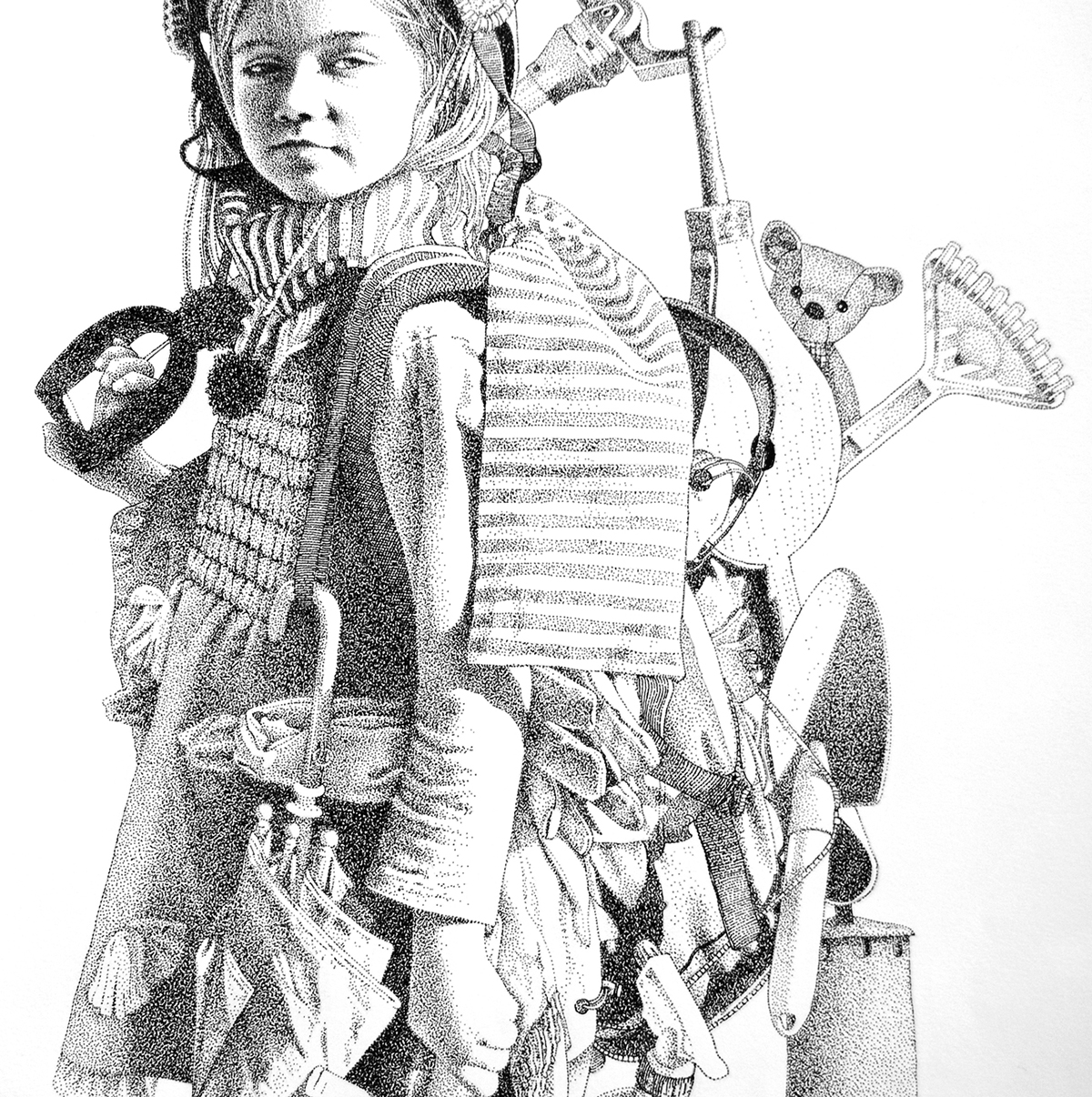 Pointillism stippling portrait black ink paper draw conceptual black & white dots art Realism Human Figure faces children belongings
