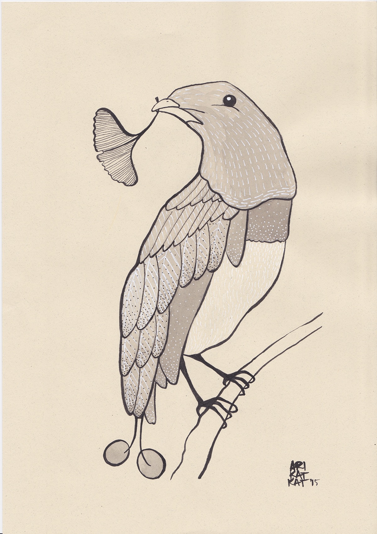 ink inkwash gellyroll bird ginkgo ILLUSTRATION 