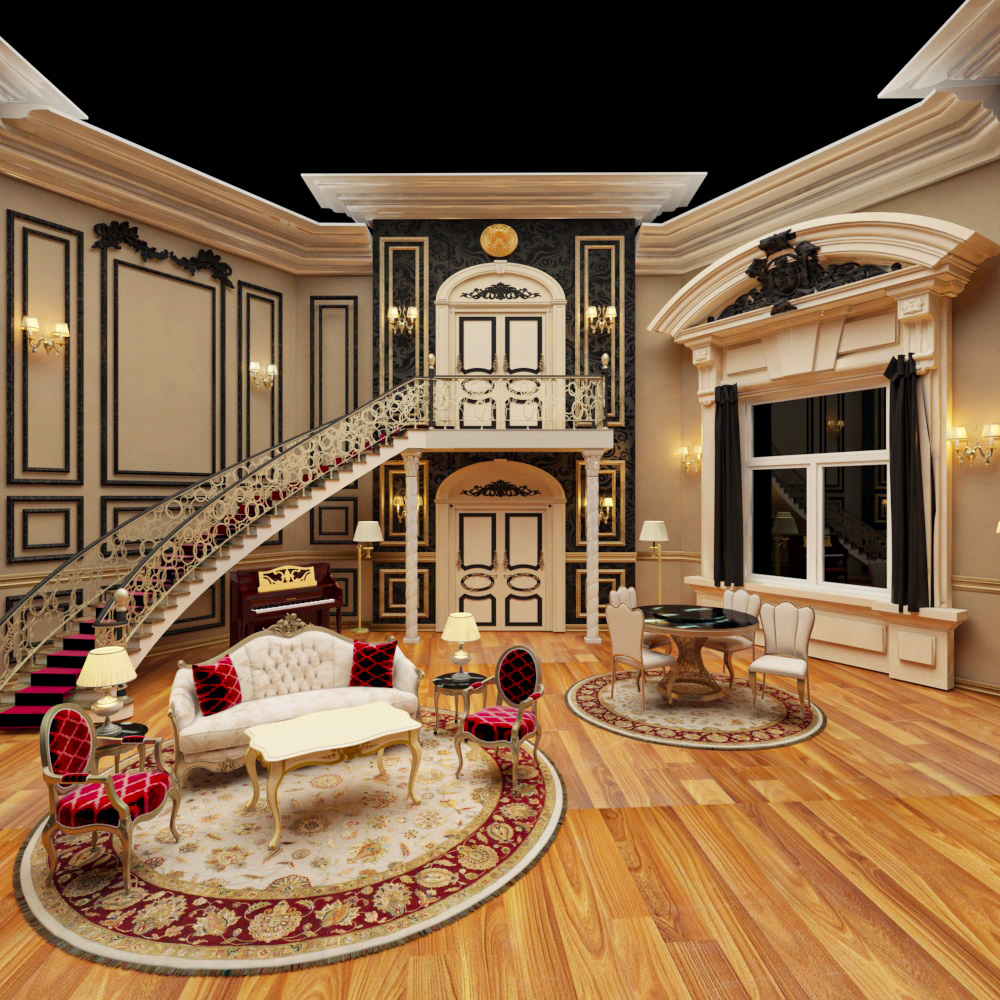 interior design  Classic sofa design stairs wood Render lighting BANOH console table Theatrical
