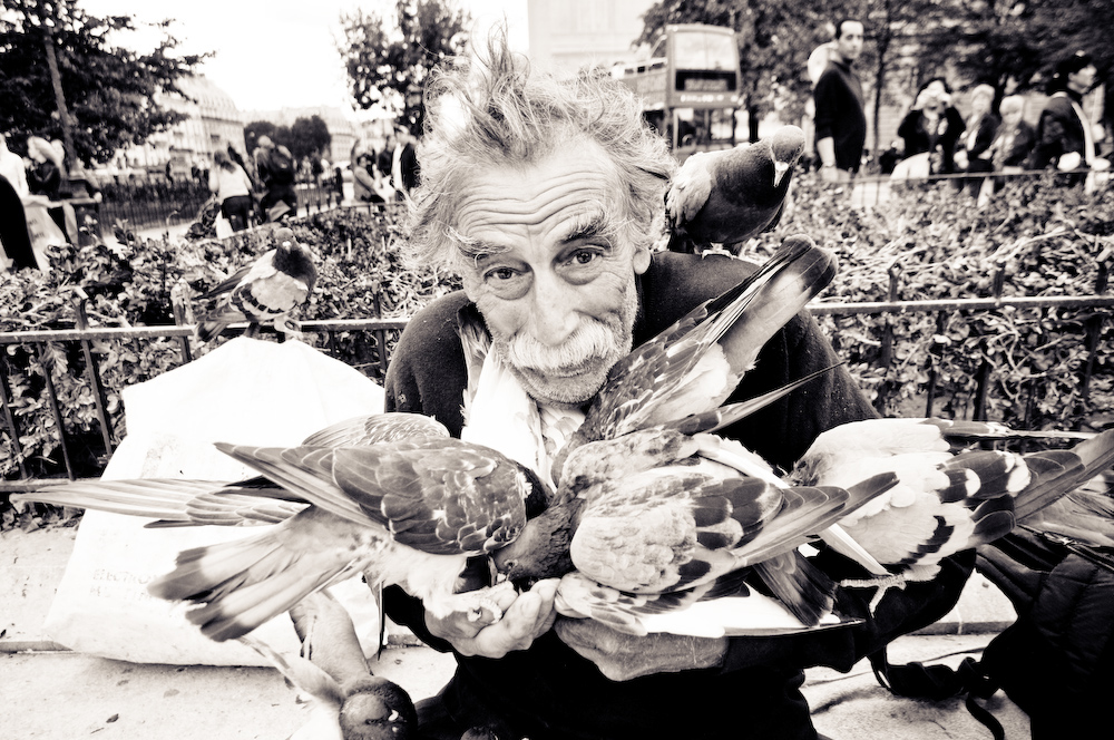 france birds birdman Paris notre dame bread smile old hands black and white John E Photography Street French pidgeon sparrow Wrinkles Nikon D300