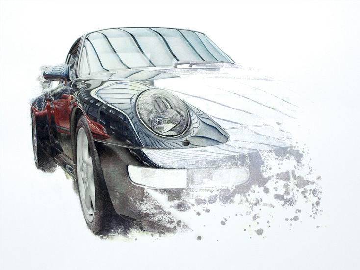 car Porsche realistic Realism photorealistic photorealism detailled details blue red reflection splashes sprinkles smudges vintage