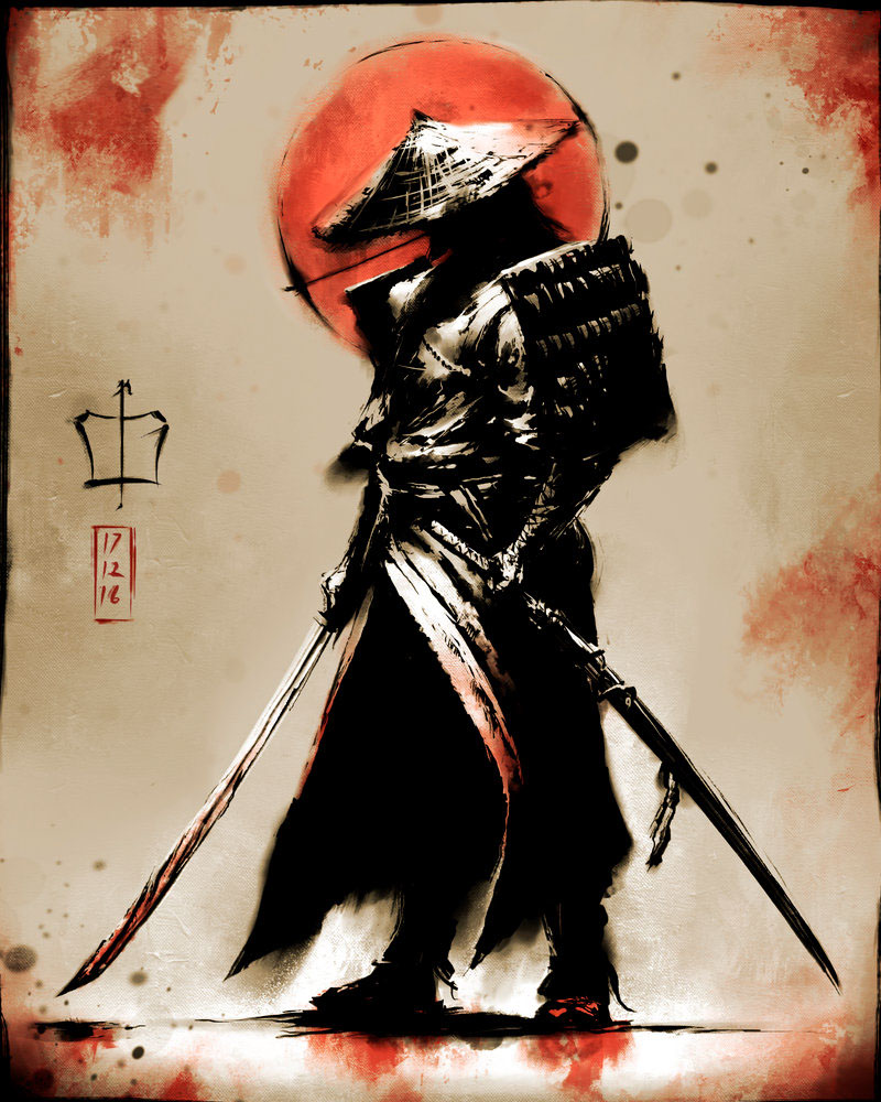 samurai ronin watercolor digital painting ILLUSTRATION.