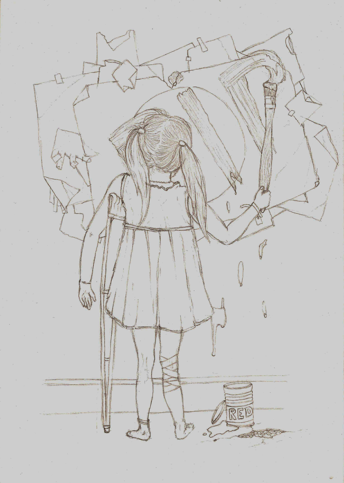 girl apocalypse pencils wall red Character future