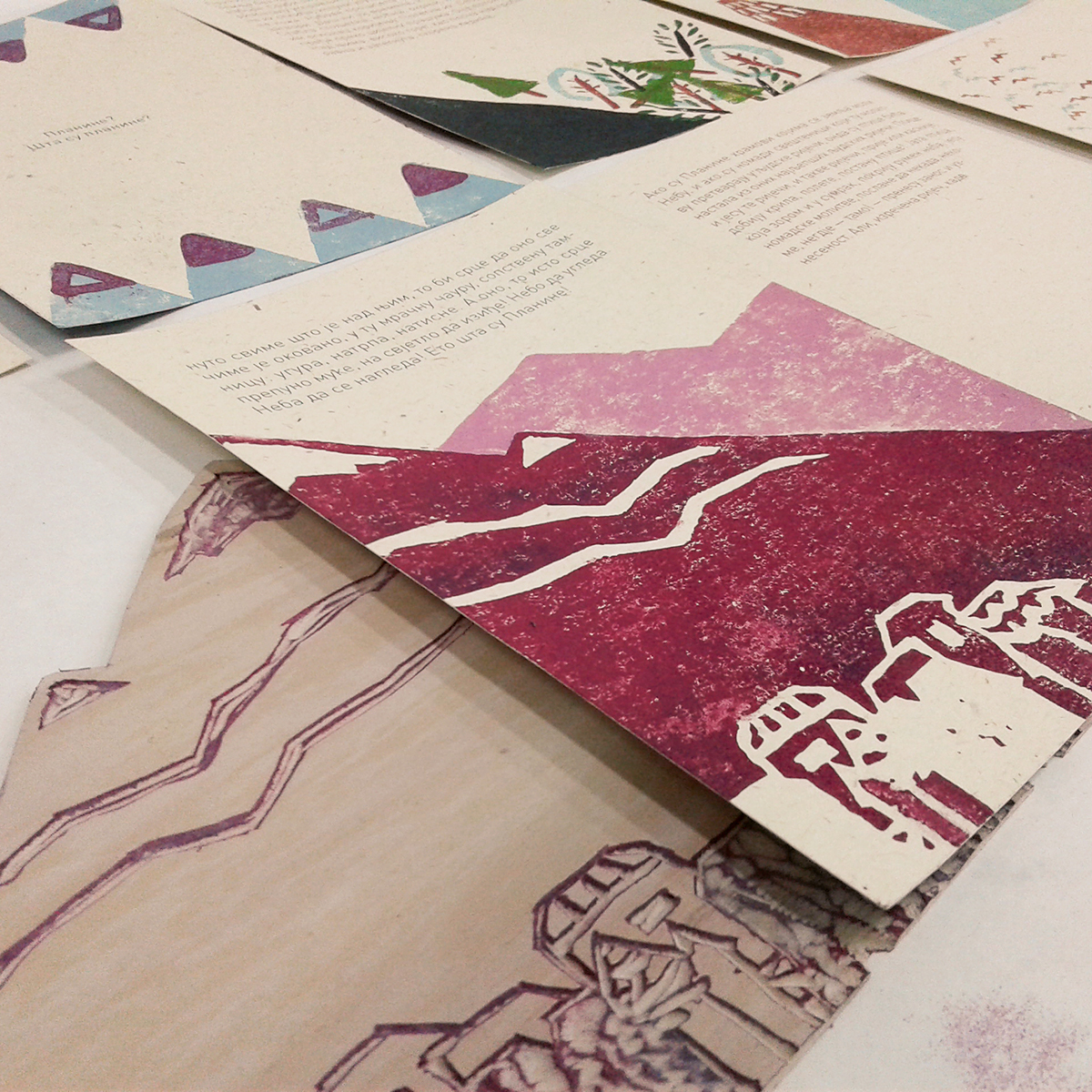 printmaking book artist's book block printing linocut Bookbinding birds mountains handmade pirography
