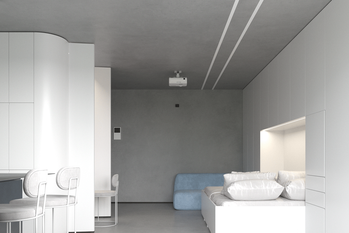 Minimalism apartment kitchen discoball furniture visualization interior design  plaster small apartment stainless steel