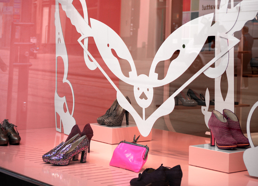 type monogram Window Dispay Lasercut store high heels shoes geometric