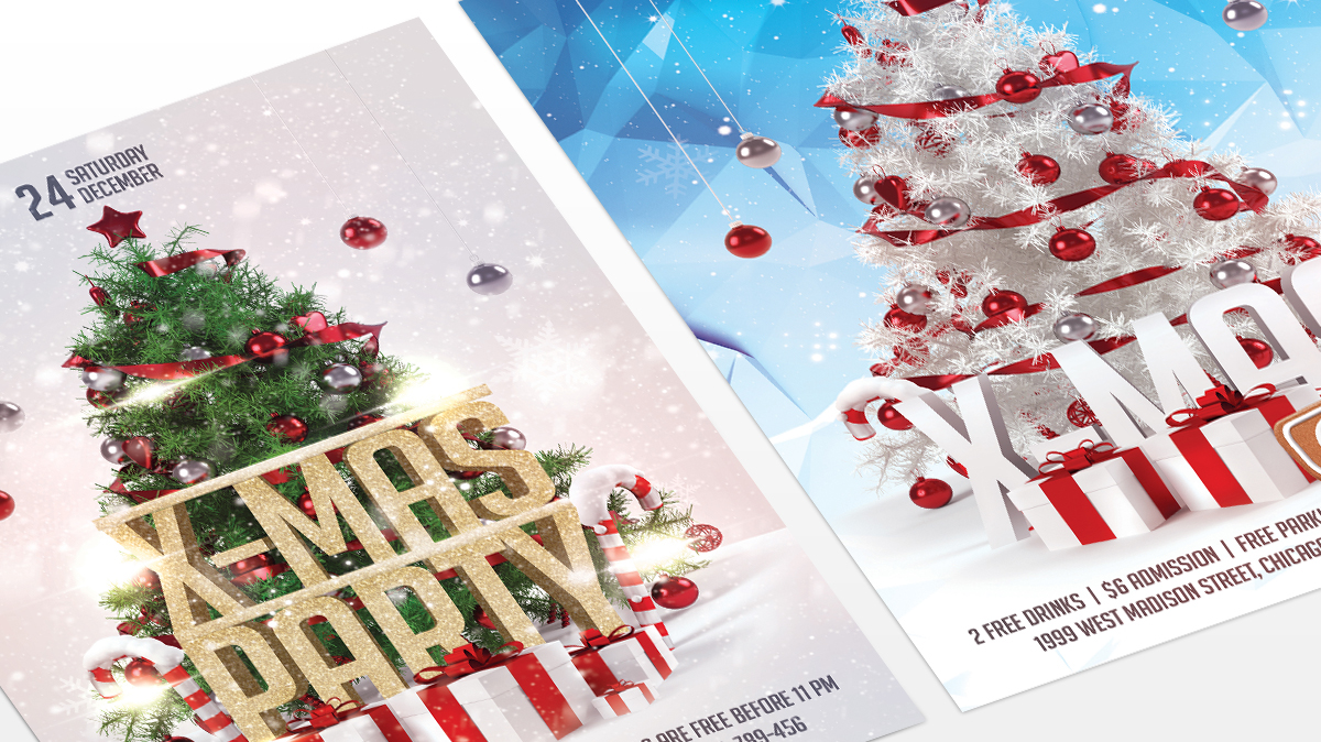 Christmas flyer party winter snow new year christmas Tree present Santa Claus White