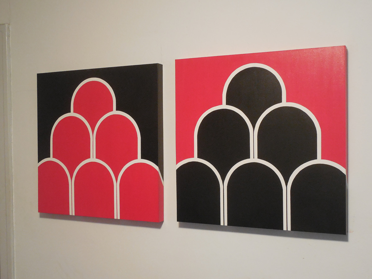 abstract red black White Paintings bold geometric Wood Panels acrylic paint