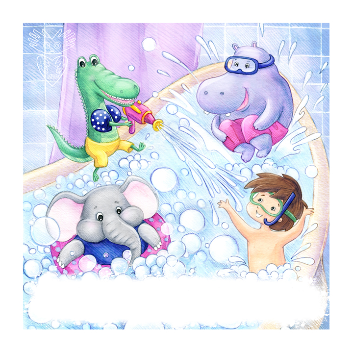 children colored pencils watercolor crocodile Hippopotamus elephant bathroom tub wash game