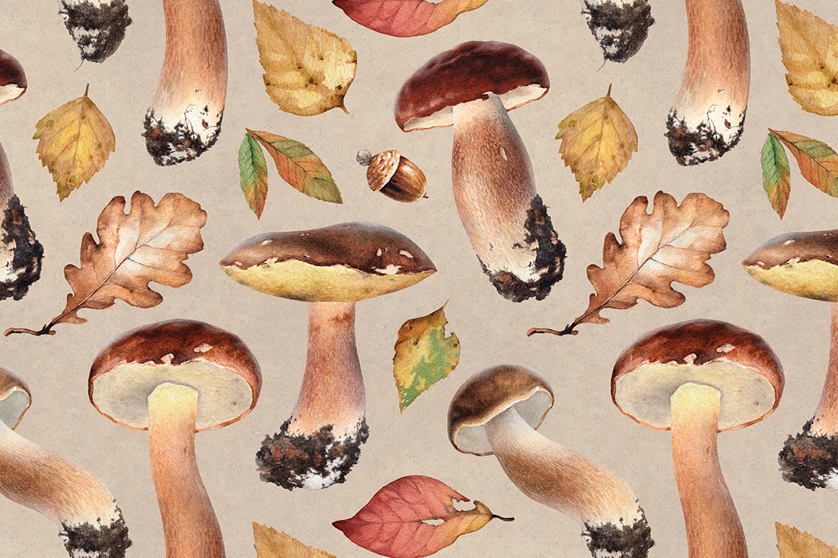 watercolor design pattern seamless mushroom autumn print Hand Painted COTTEGECORE fungus