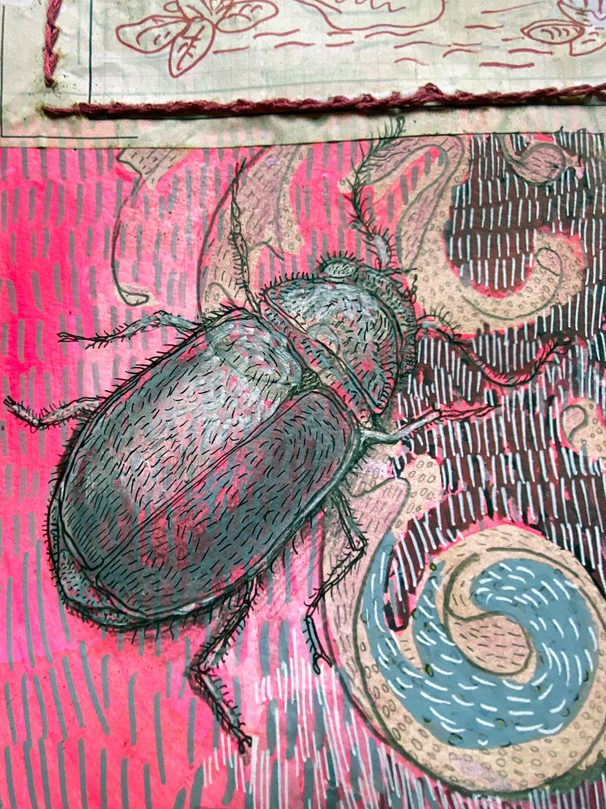 artwork Backstitch collage Drawing  Embroidery gold Insects mixed media pink vintage