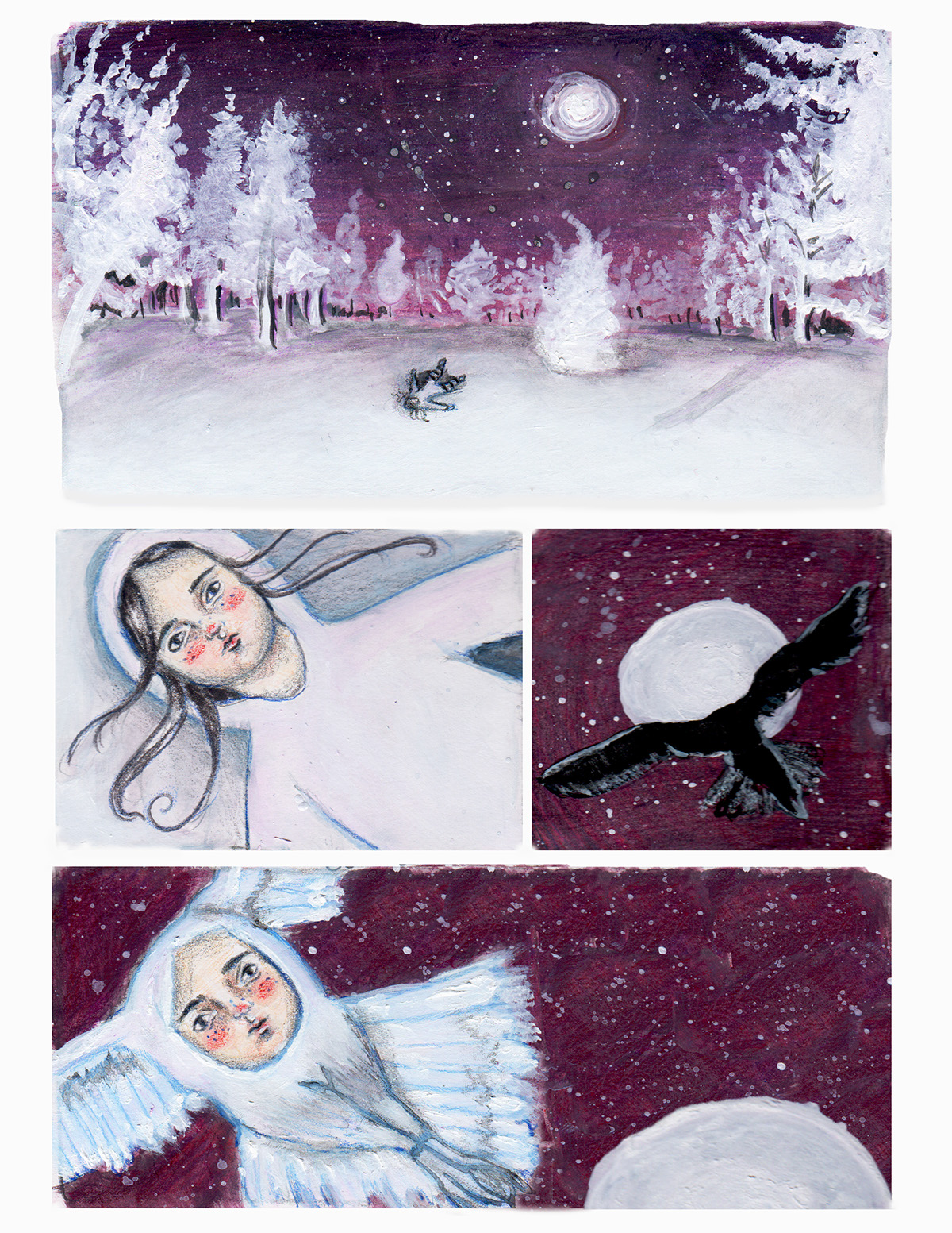 mixed media colored pencil Acrylic paint forest snow owl comic dream