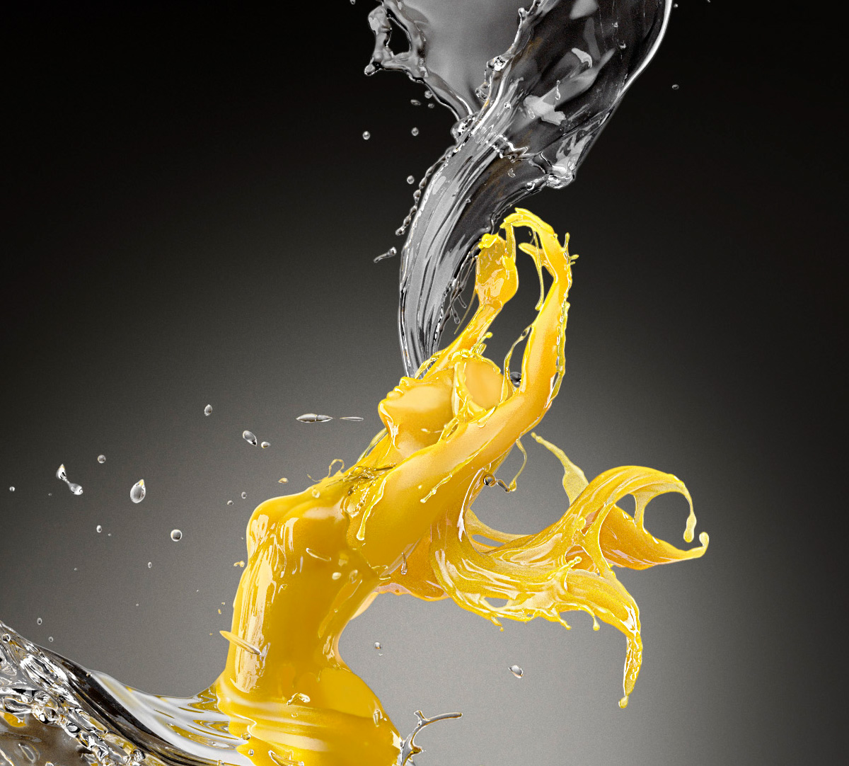 Liquid splash Orange Juice Vodka CGI 3D Maxwell Render