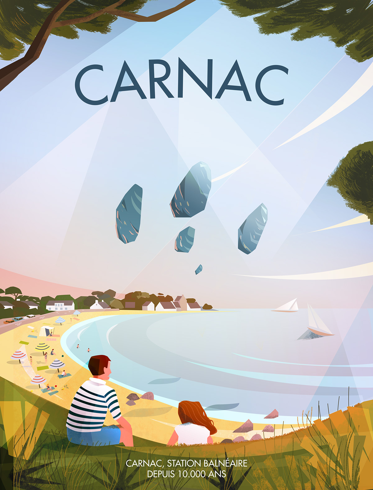 Carnac Tourisme bretagne affiche ILLUSTRATION  Menhir mer plage