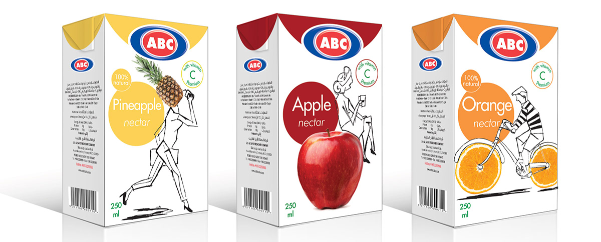 ABC juice package design art characters fruits Kuwait Cartoons