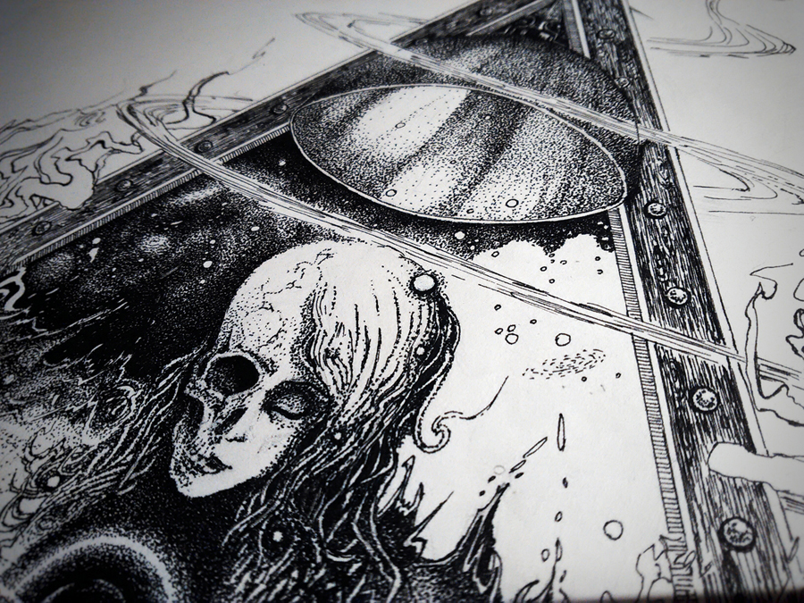 monochrome ink black and white isograph dots universe galaxy skull black hole dotwork silver Space  wood