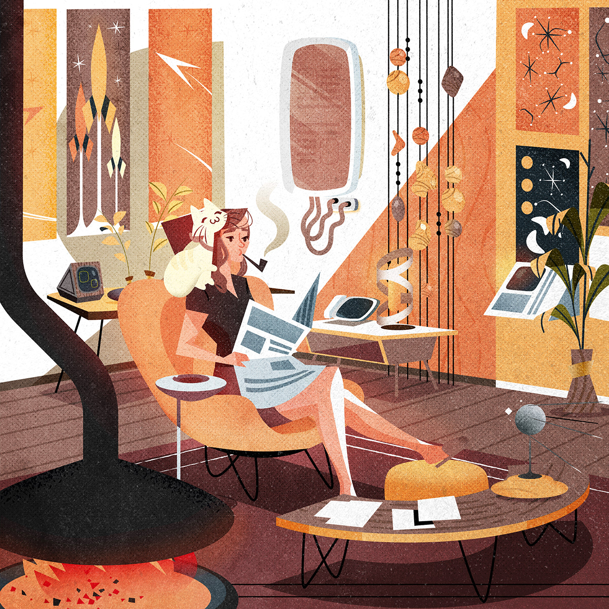 cartoon digital illustration adobe illustrator Mid Century modern cozy interior design  vector