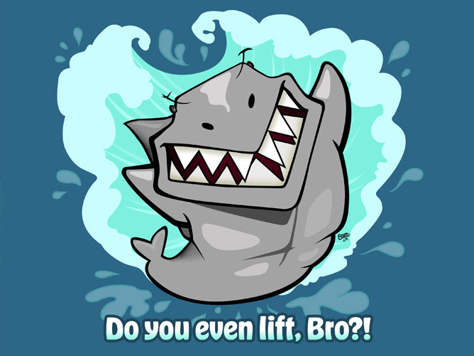 Cute, Funny Cartoon Art of a Shark who Lifts Weights Showing Off by Ellie.