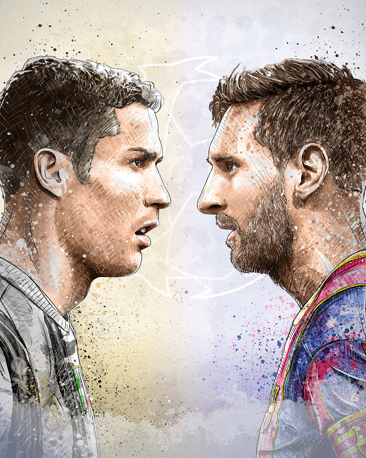 Dynamic sport/football illustration for Juventus vs. FC Barcelona: ronaldo vs. messi
