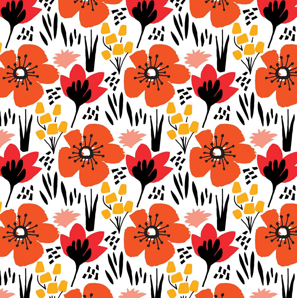 poppy floral print abstract pattern gouache