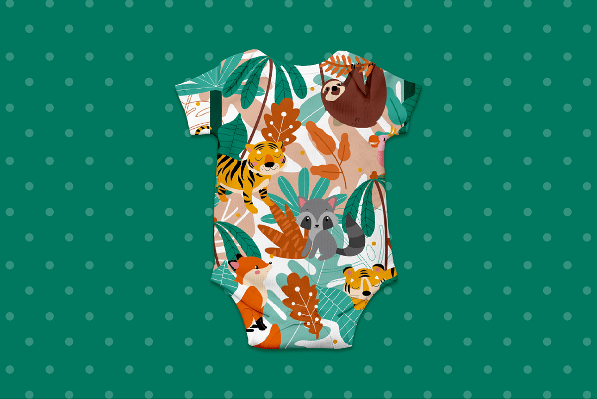 baby clothing ILLUSTRATION  characters jungle racoon tiger leafs Nature textile design  print and pattern