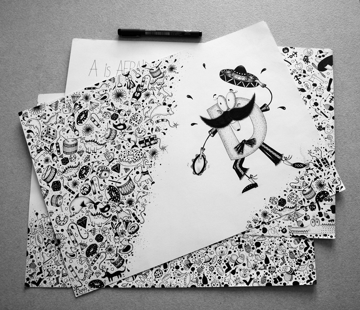 Black&white ink hand-drawn