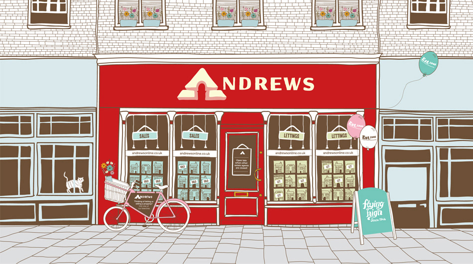 illustrated houses estate agent  Andrews line drawing agents Cat Bicycle Exhibition  exhibition stand pop-up stand A-board balloons shop signage shop front