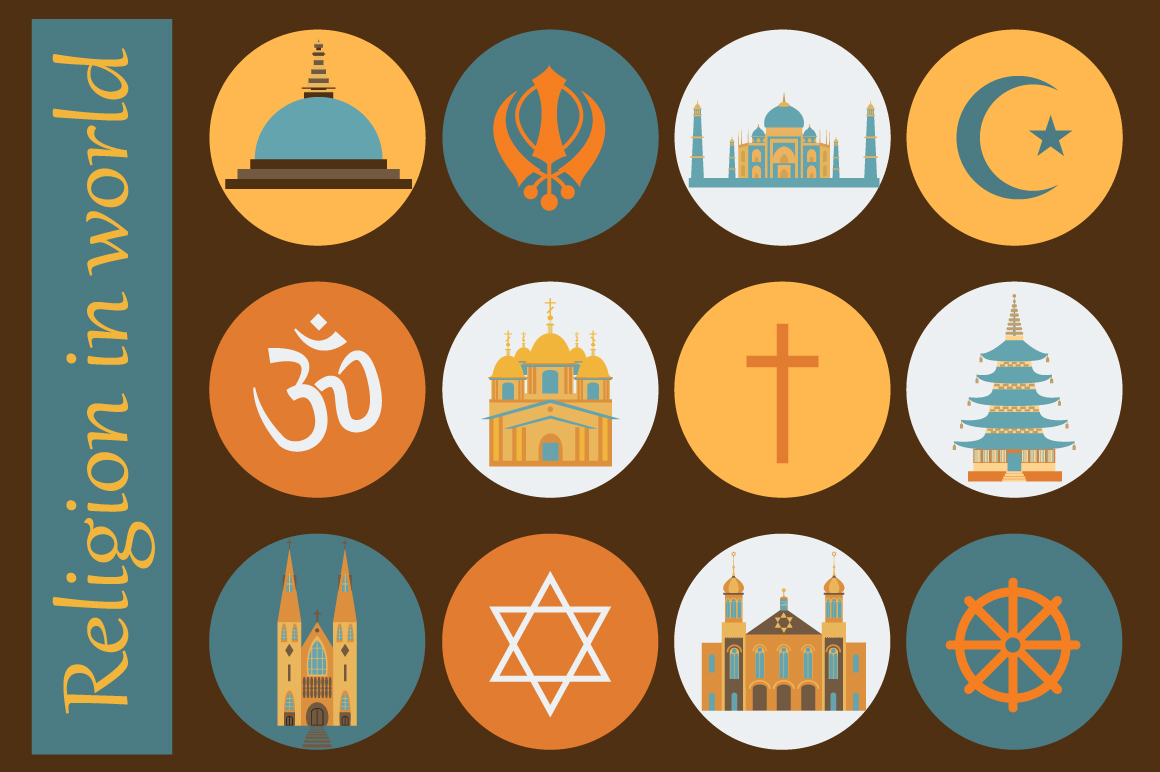 religion infographic vector template Icon set muslim islam Christianity church theology judaism buddhism christ temple