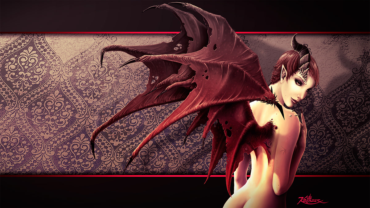 wing red demon sexy Succubus temptation dark pattern Victorian nude anatomy Horn spike back redhead