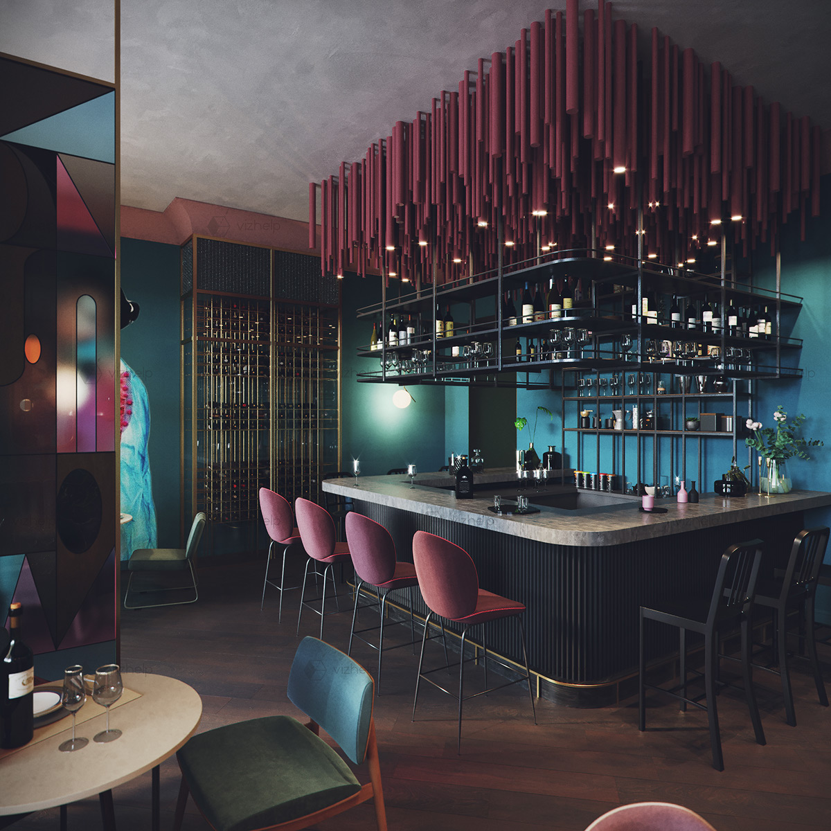 Render 3D archviz corona restoran Interior dark bar
