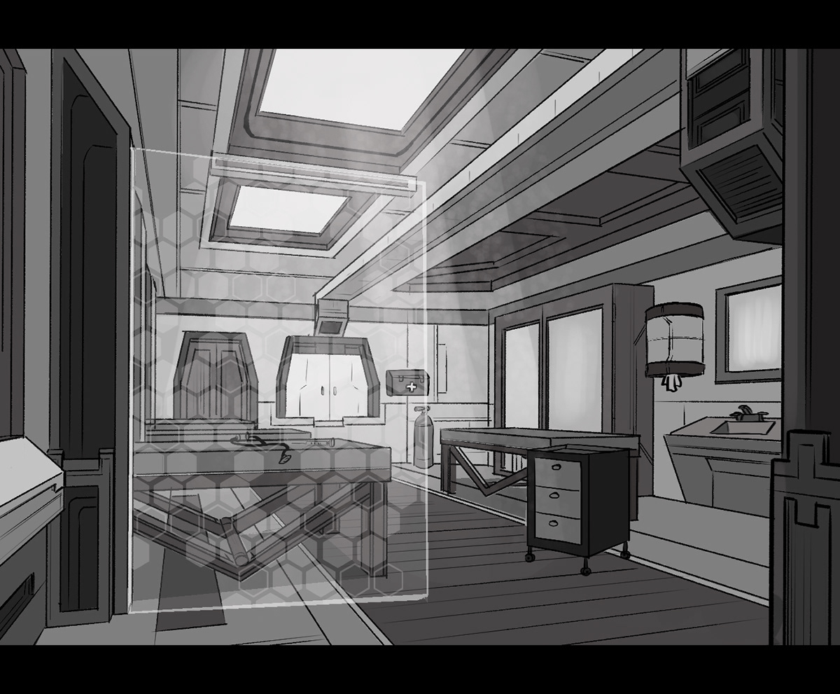 concept art interior concept medroom Sequential Art ciel grayscale