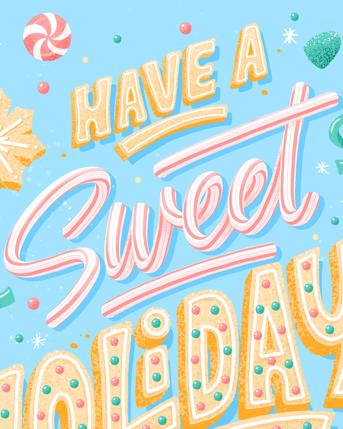 Close up of digital lettering in an illustrated style inspired by frosted cookies and candy canes. 
