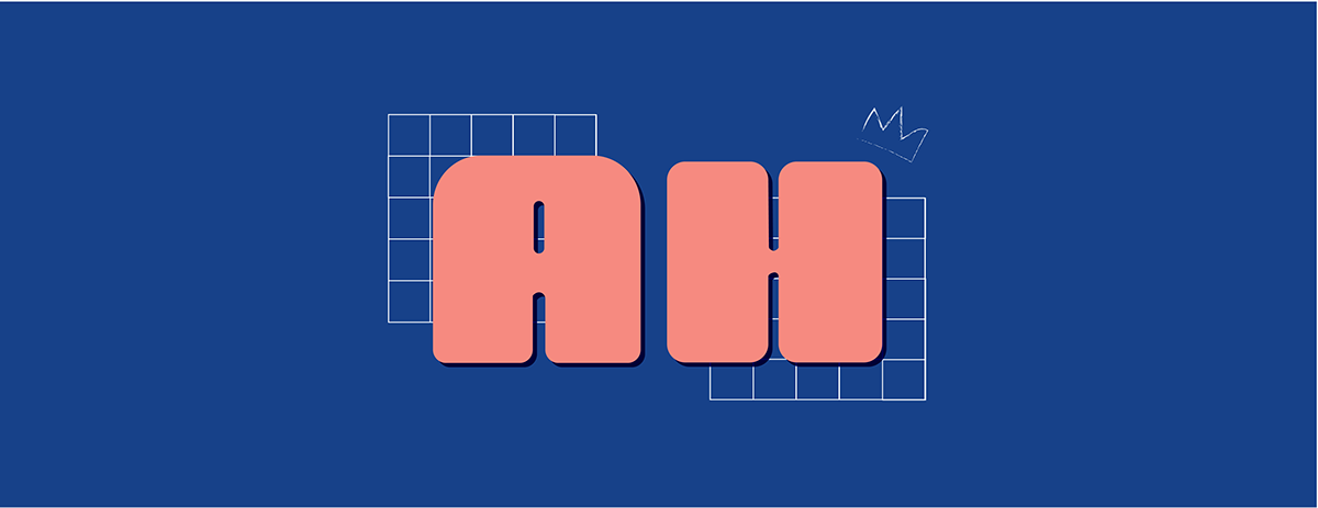 Banner with "Ah" in pink salmon and dark blue background